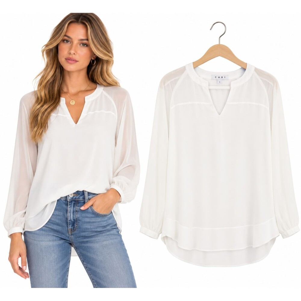 CAbi Allure Blouse Top #118 Size Small White Ivory Sheer Sleeve Split Neck